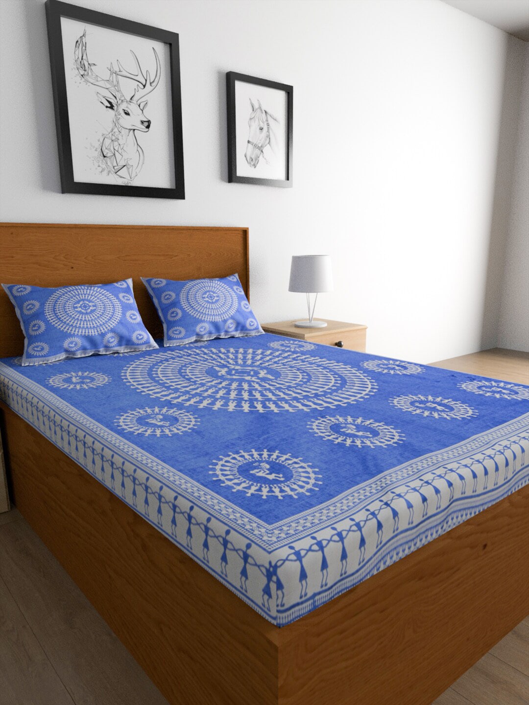 Urban Magic Blue Ethnic Motifs Printed Cotton 104 TC Queen Bedsheet With 2 Pillow Covers - Swadesiicart
