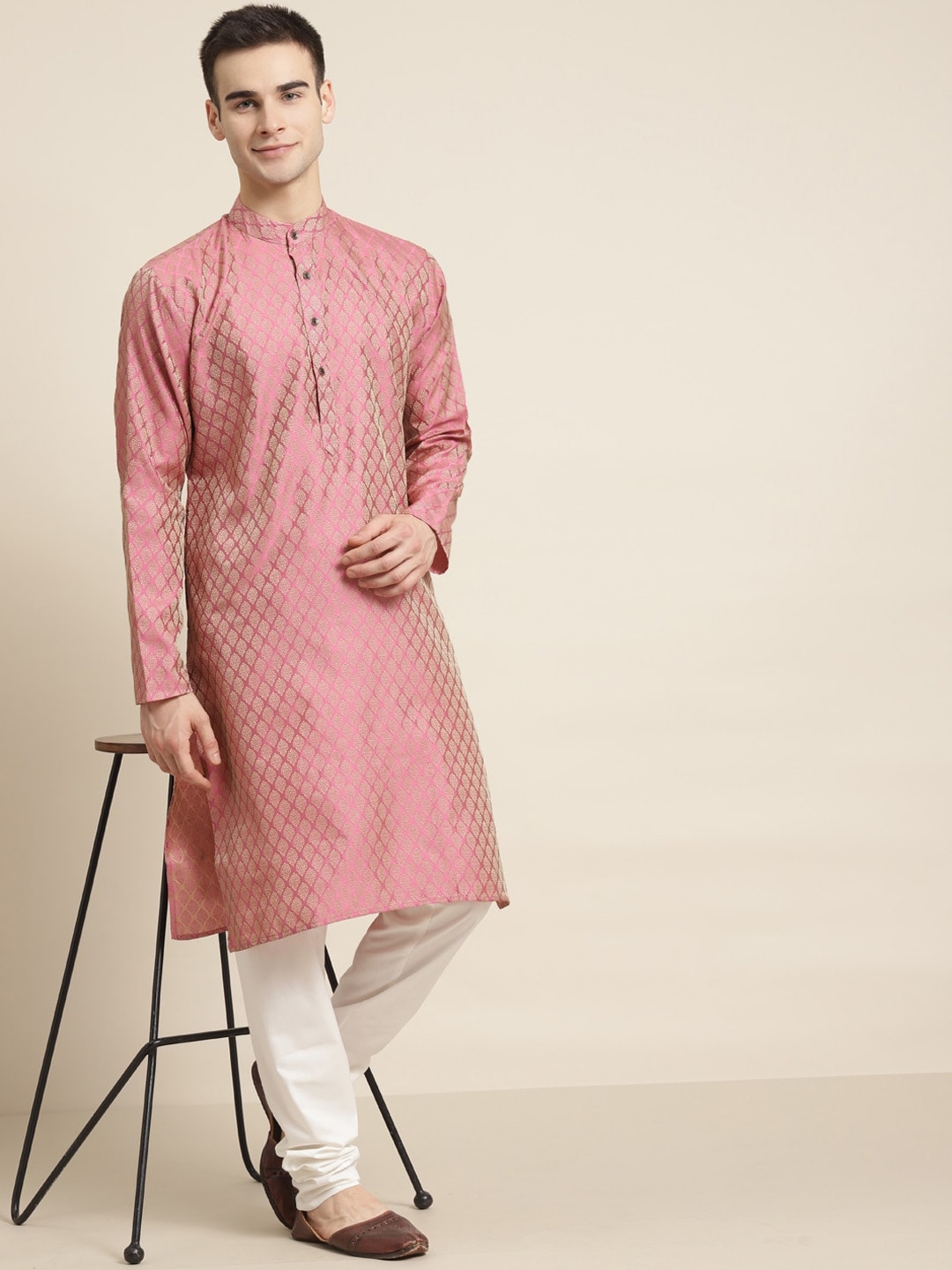 Sojanya Ethnic Motif Woven Design Mandarin Collar Straight Kurta With Churidar | Swadesiicart