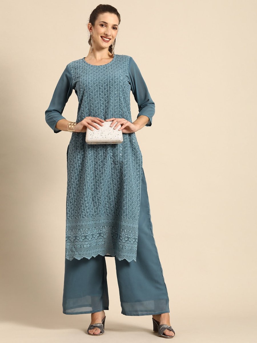 All About You Women Grey Ethnic Motifs Embroidered Regular Chikankari Kurta with Palazzos | Swadesiicart