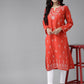 ADA Women Red & White Pure Cotton Chikankari Embroidered Handloom Kurta with Solid Trousers | Swadesiicart