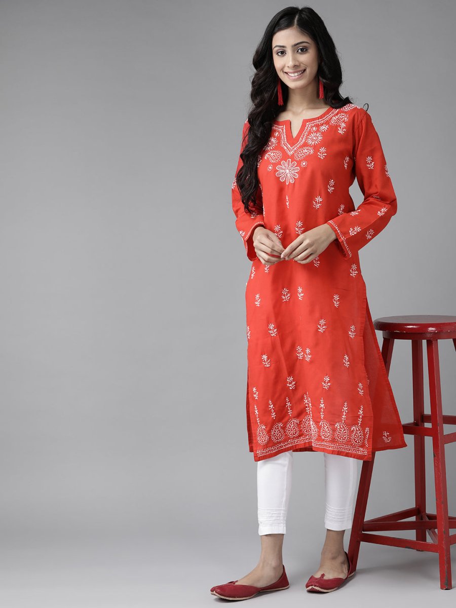 ADA Women Red & White Pure Cotton Chikankari Embroidered Handloom Kurta with Solid Trousers | Swadesiicart