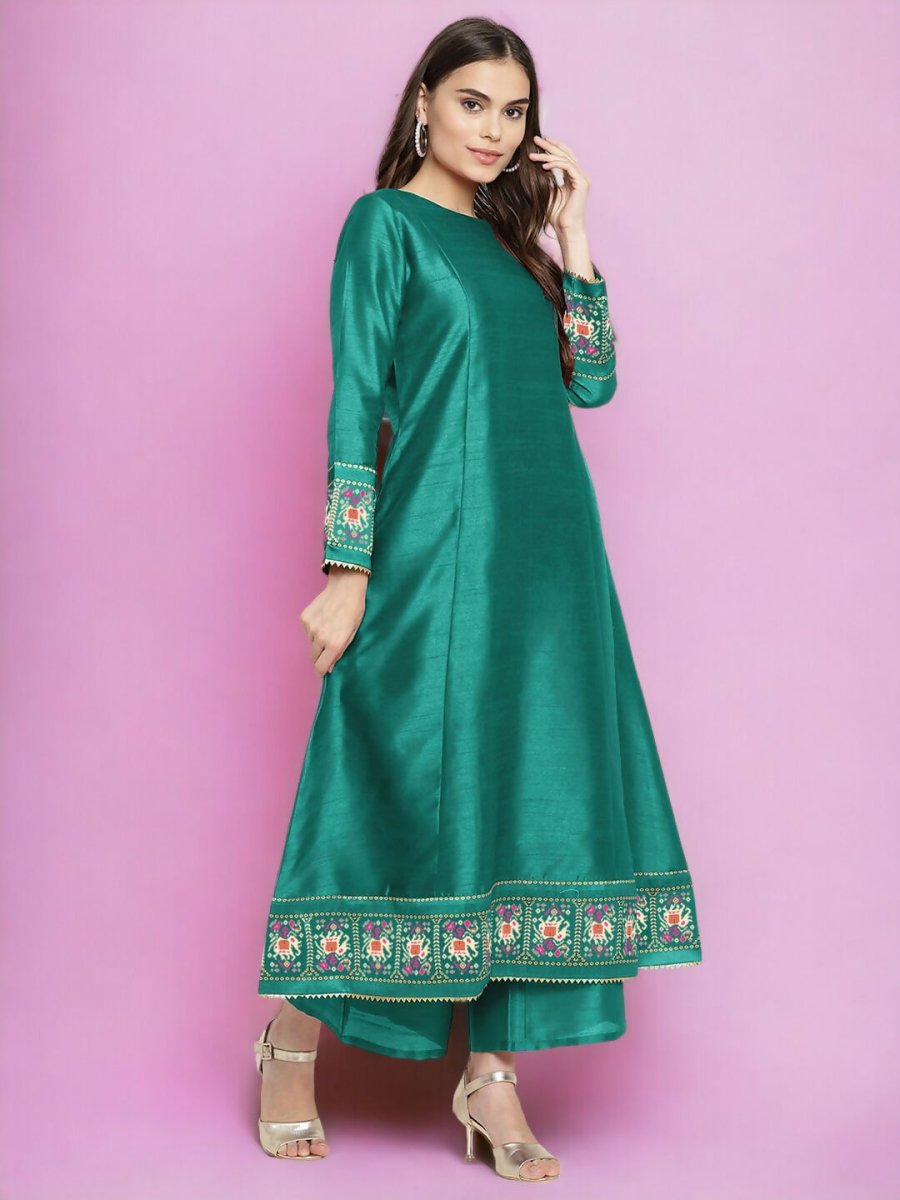 Ahalyaa Women Sea Green Printed Gotta Patti Kurti with Palazzos & Dupatta - Sea Green | Swadesiicart