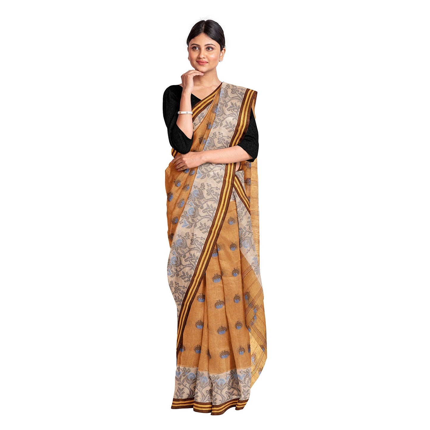 Exclusive Collection 100% Pure Cotton Biege Tant Saree With Hand Weaving Work - Swadesiicart