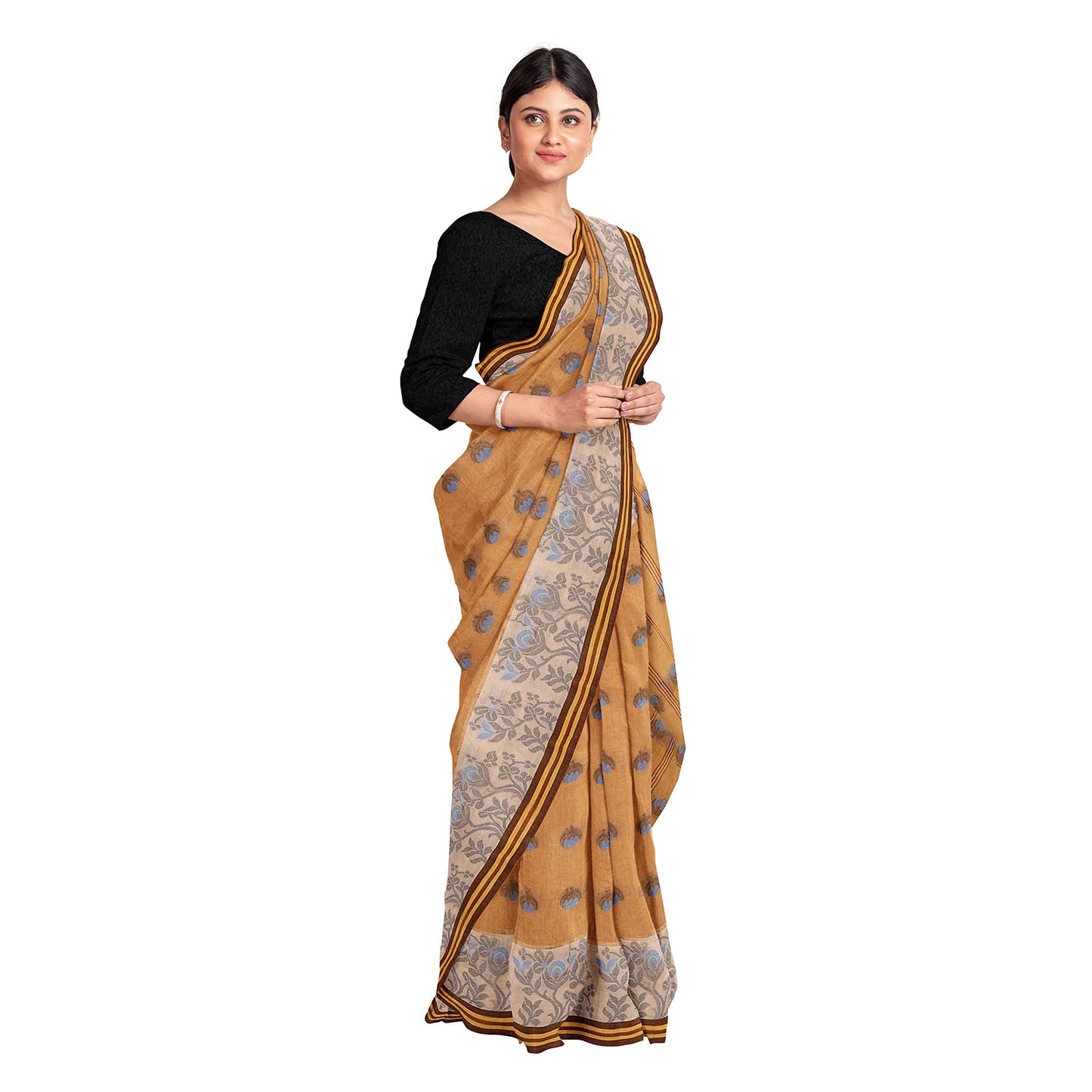 Exclusive Collection 100% Pure Cotton Biege Tant Saree With Hand Weaving Work - Swadesiicart