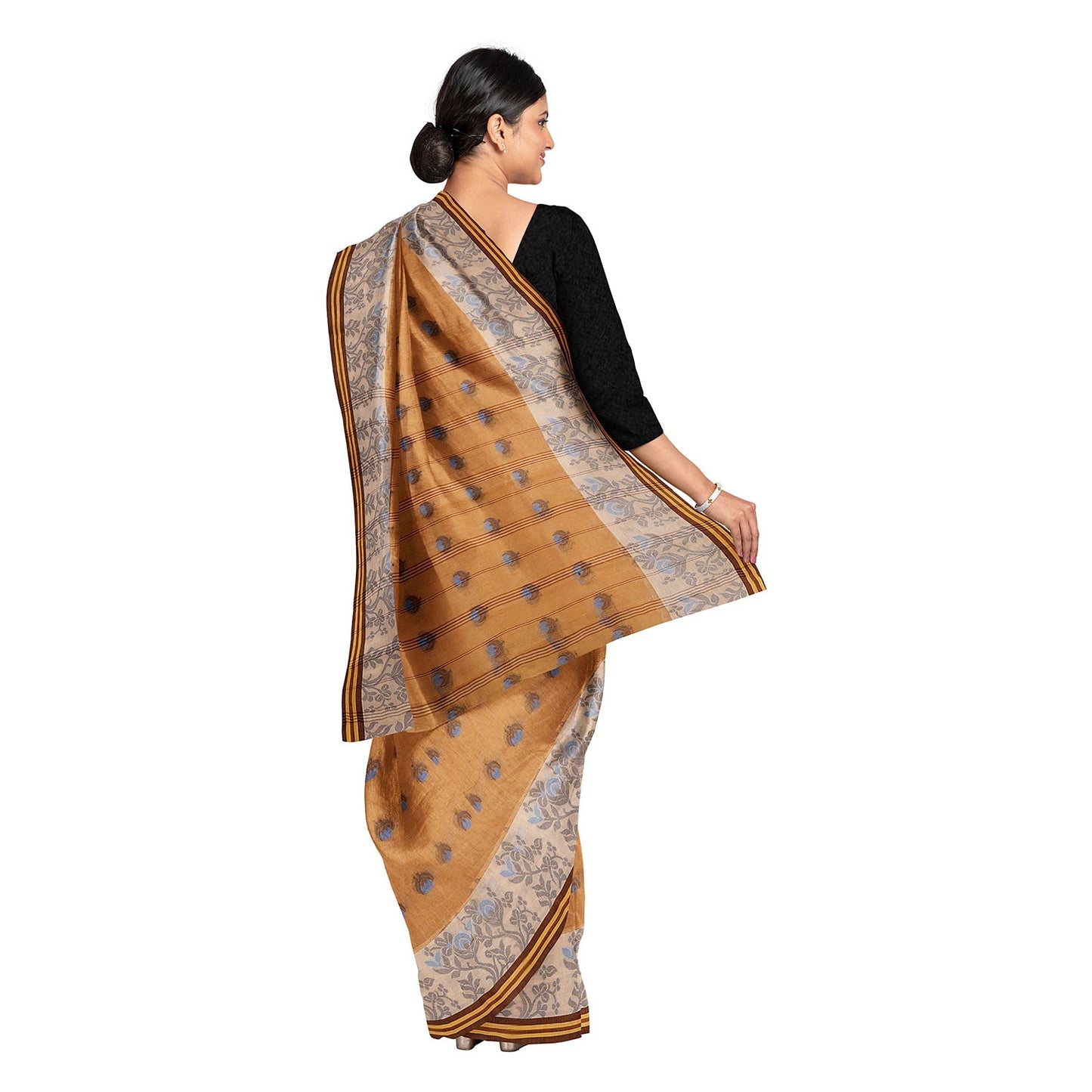 Exclusive Collection 100% Pure Cotton Biege Tant Saree With Hand Weaving Work - Swadesiicart