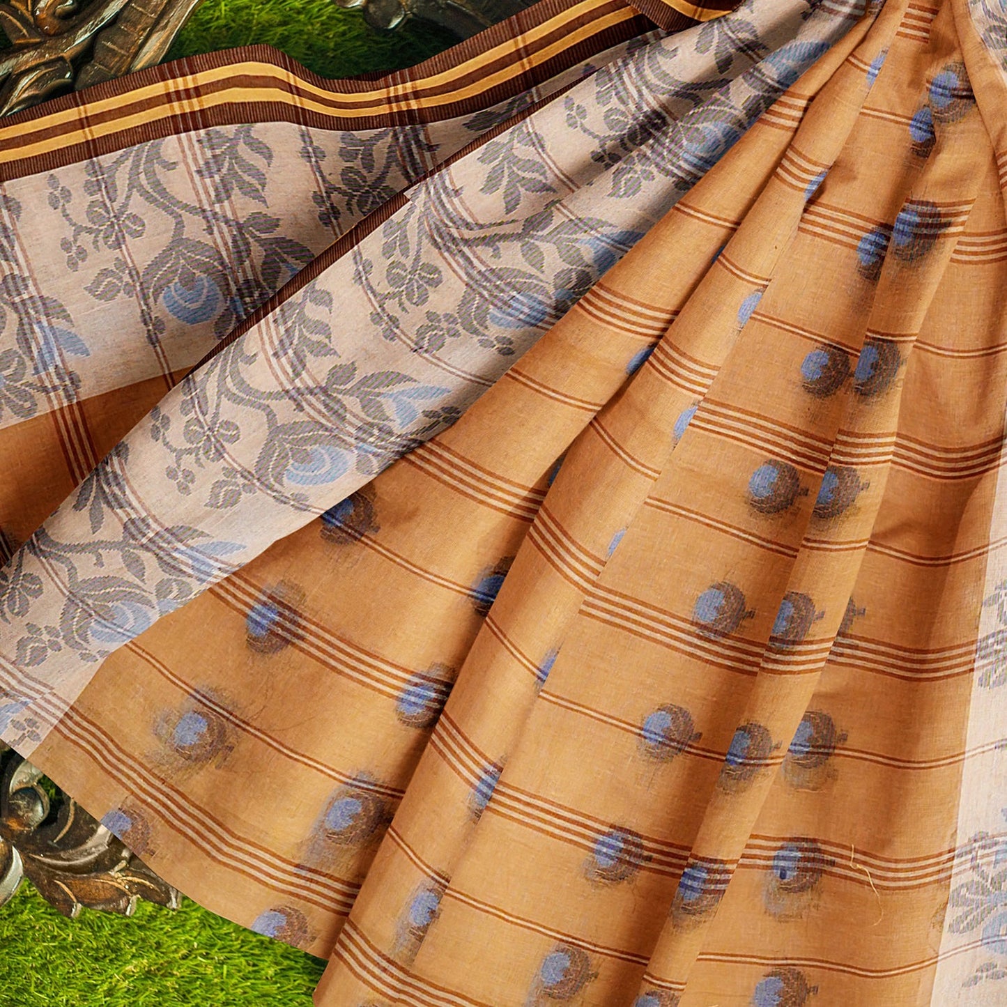 Exclusive Collection 100% Pure Cotton Biege Tant Saree With Hand Weaving Work - Swadesiicart