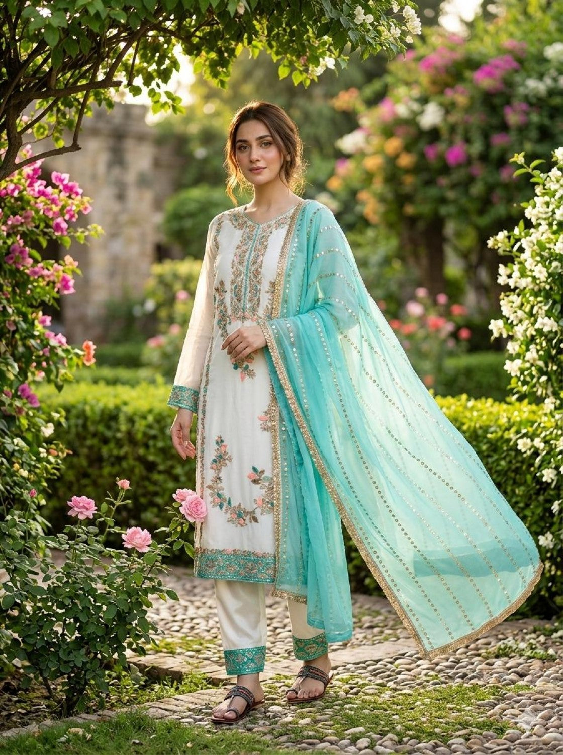 Anaita Blue & White Gimmy Chu Readymade Suit with Embroidery & Moti Work