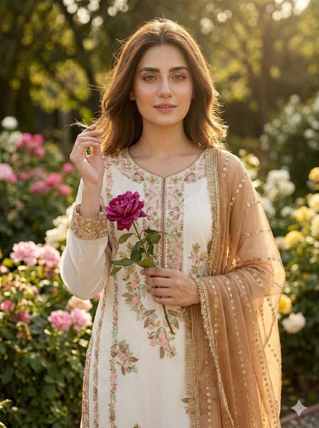 Anaita Brown & White Gimmy Chu Readymade Suit with Embroidery & Moti Work