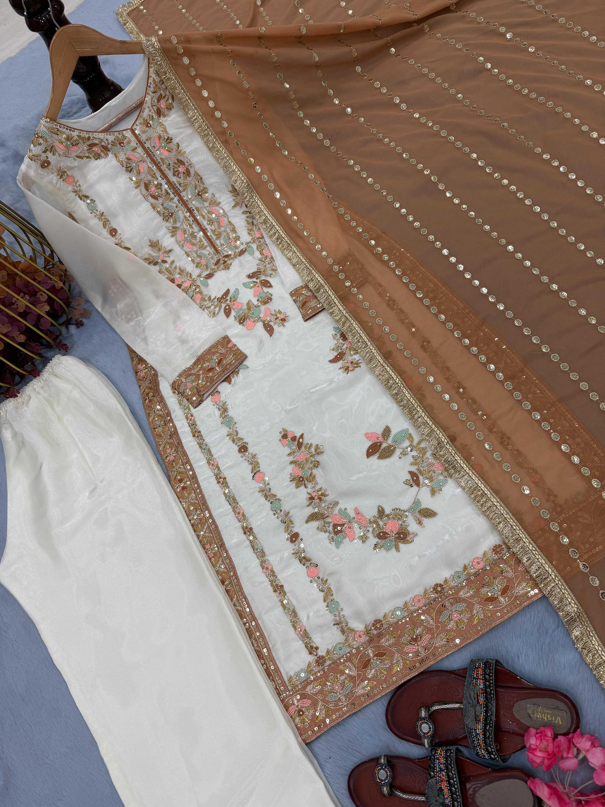 Anaita Brown & White Gimmy Chu Readymade Suit with Embroidery & Moti Work