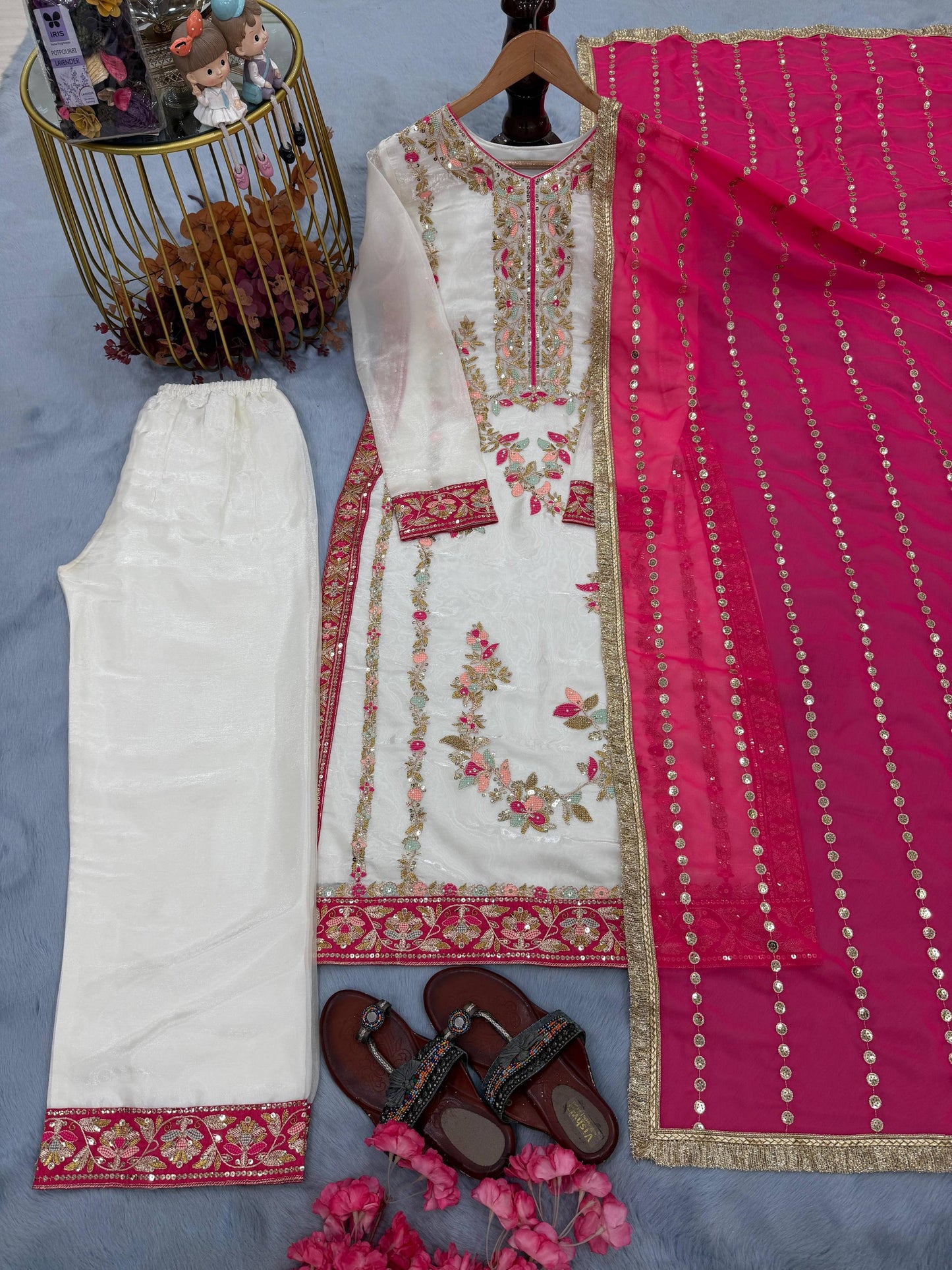 Anaita Pink & White Gimmy Chu Readymade Suit with Embroidery & Moti Work
