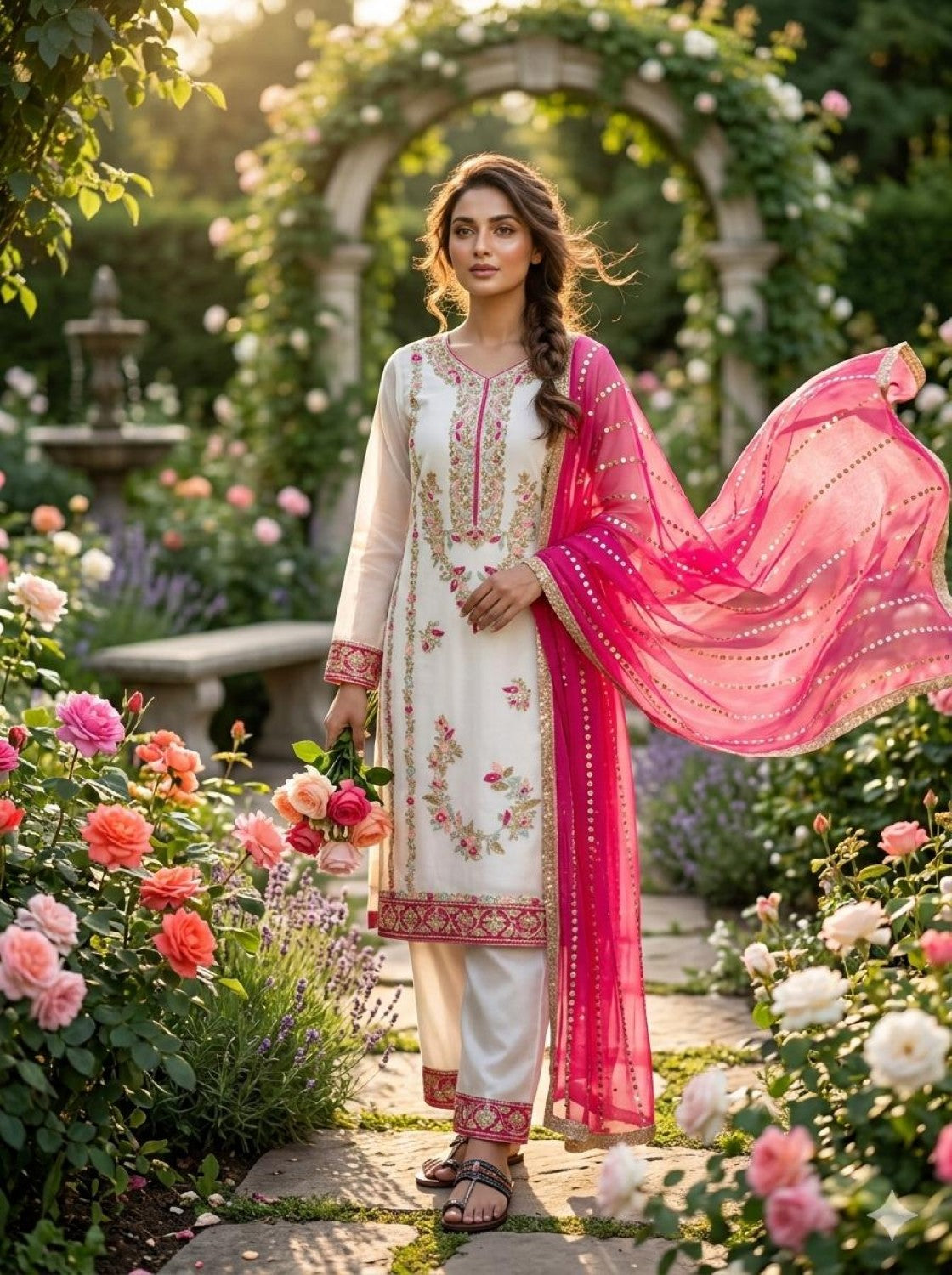 Anaita Pink & White Gimmy Chu Readymade Suit with Embroidery & Moti Work