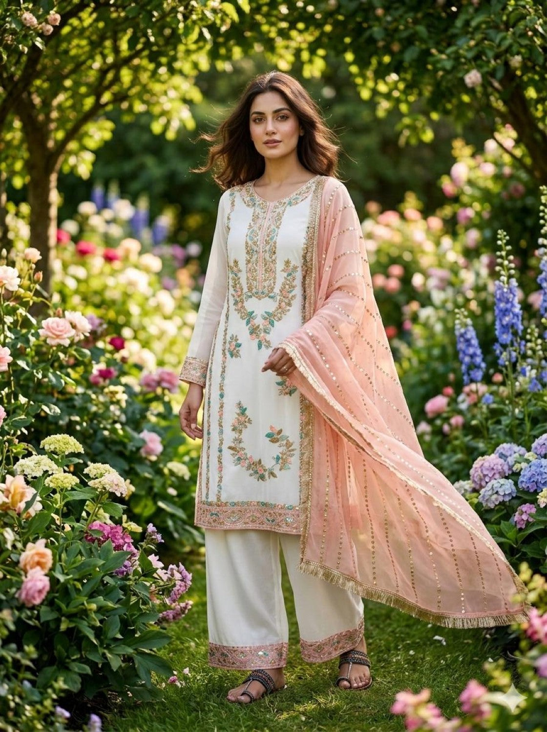 Anaita Pink & White Gimmy Chu Readymade Suit with Embroidery & Moti Work