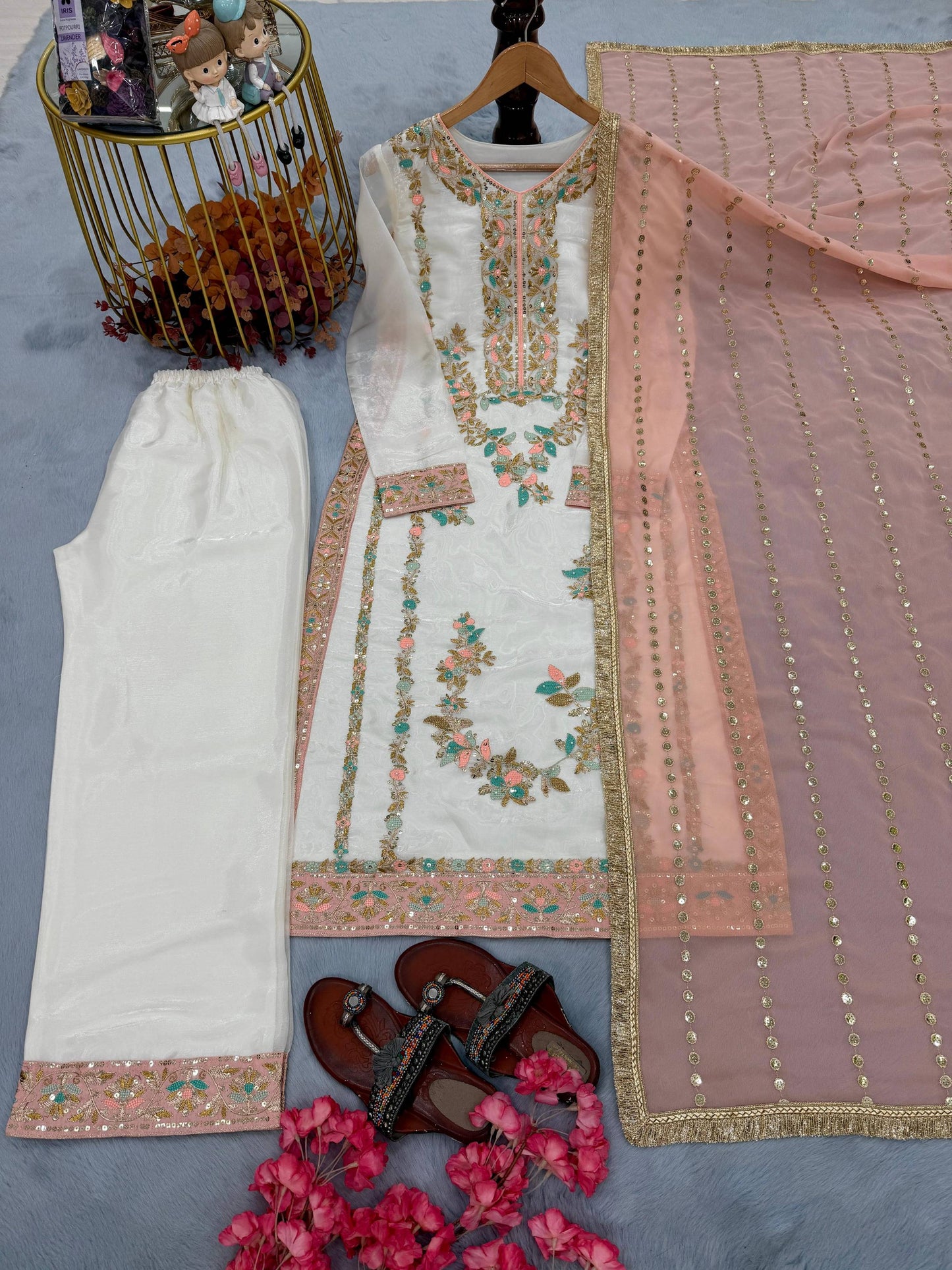 Anaita Pink & White Gimmy Chu Readymade Suit with Embroidery & Moti Work
