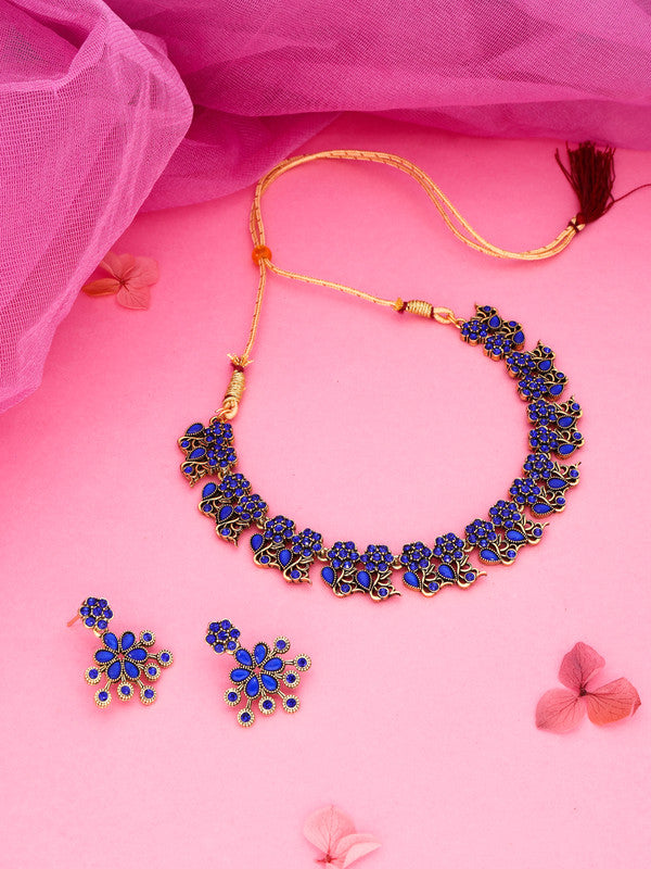 Tehzeeb Creations Luxurious Gold Polished Blue Colour Diamond Choker Necklace Set With Matching Earrings - Swadesiicart