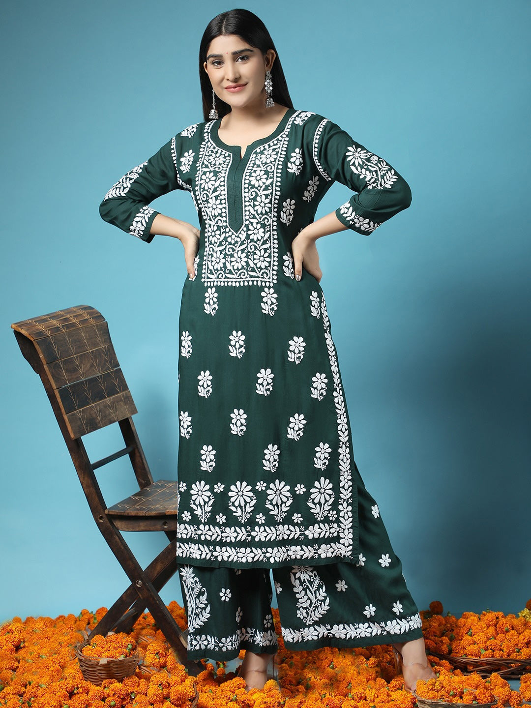 HOUSE OF KARI Women Green Floral Embroidered Chikankari Kurta with Palazzos | Swadesiicart