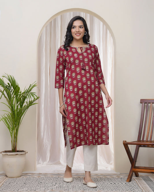 Vaasva Women Maroon Cotton Printed Straight Kurti | Swadesiicart