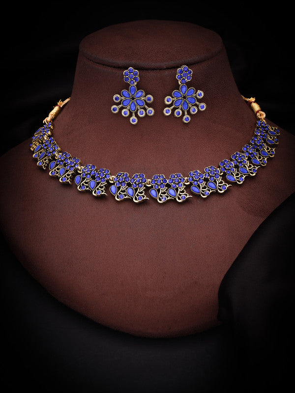 Tehzeeb Creations Luxurious Gold Polished Blue Colour Diamond Choker Necklace Set With Matching Earrings - Swadesiicart
