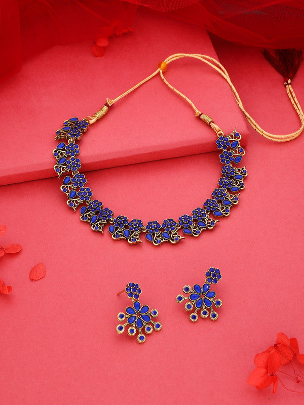 Tehzeeb Creations Luxurious Gold Polished Blue Colour Diamond Choker Necklace Set With Matching Earrings - Swadesiicart