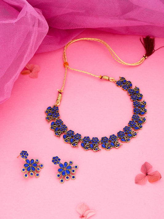 Tehzeeb Creations Luxurious Gold Polished Blue Colour Diamond Choker Necklace Set With Matching Earrings - Swadesiicart