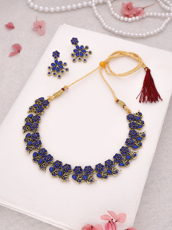 Tehzeeb Creations Luxurious Gold Polished Blue Colour Diamond Choker Necklace Set With Matching Earrings - Swadesiicart