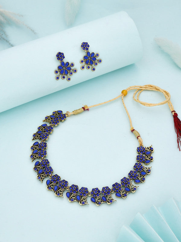 Tehzeeb Creations Luxurious Gold Polished Blue Colour Diamond Choker Necklace Set With Matching Earrings - Swadesiicart