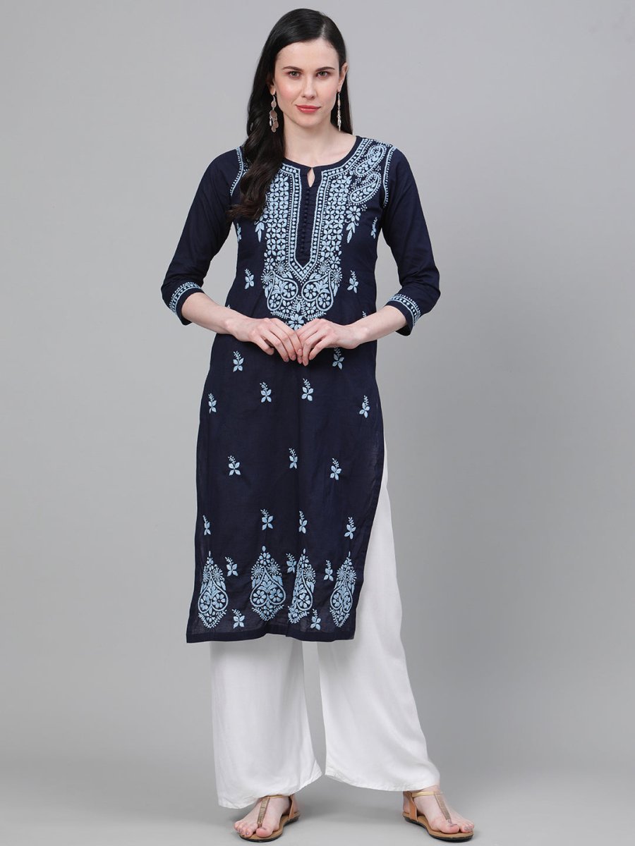 ADA Women Blue Chikankari Hand Embroidered Cotton Straight Sustainable Handloom Kurta | Swadesiicart