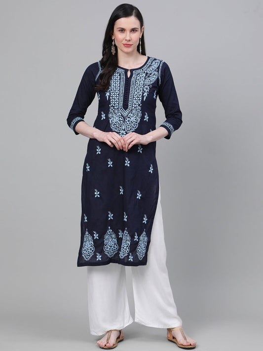 ADA Women Blue Chikankari Hand Embroidered Cotton Straight Sustainable Handloom Kurta | Swadesiicart