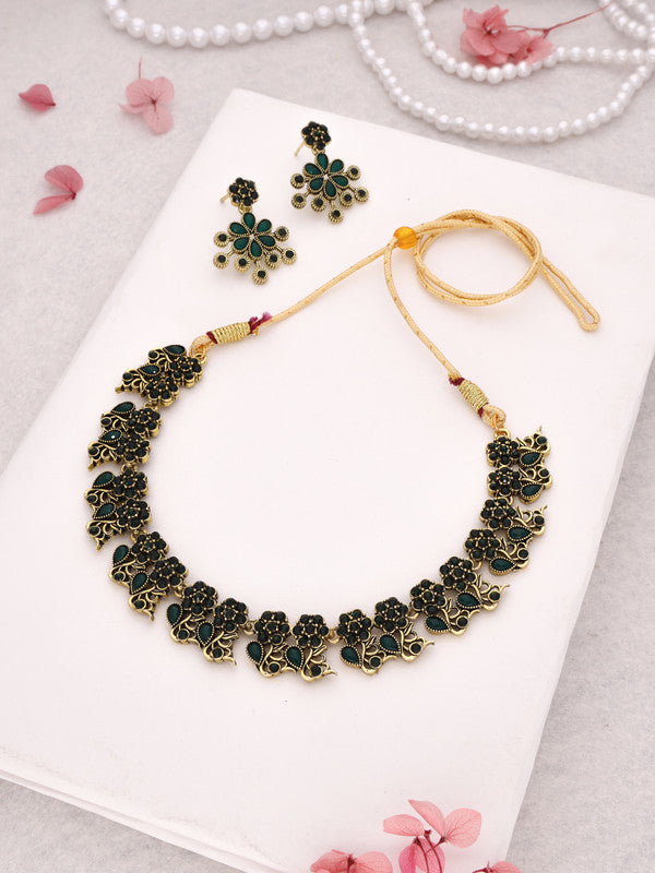 Tehzeeb Creations Luxurious Gold Polished Green Colour Diamond Choker Necklace Set With Matching Earrings - Swadesiicart