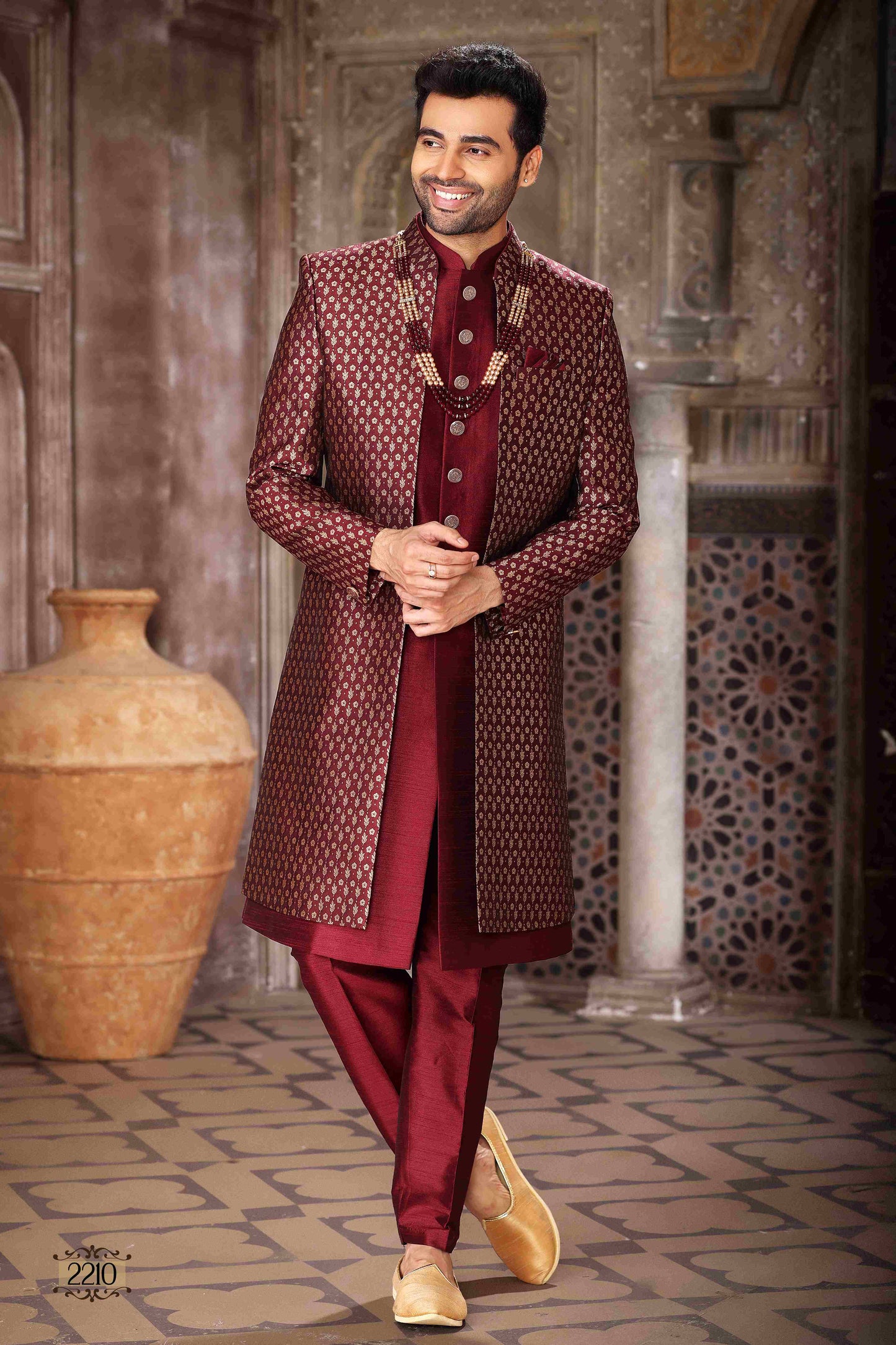 Raivat Ethnic Banarasi Jacquard and Art Silk Embroidery Work 3 Pcs Indo Jacket Set In Wine Colour | Swadesiicart