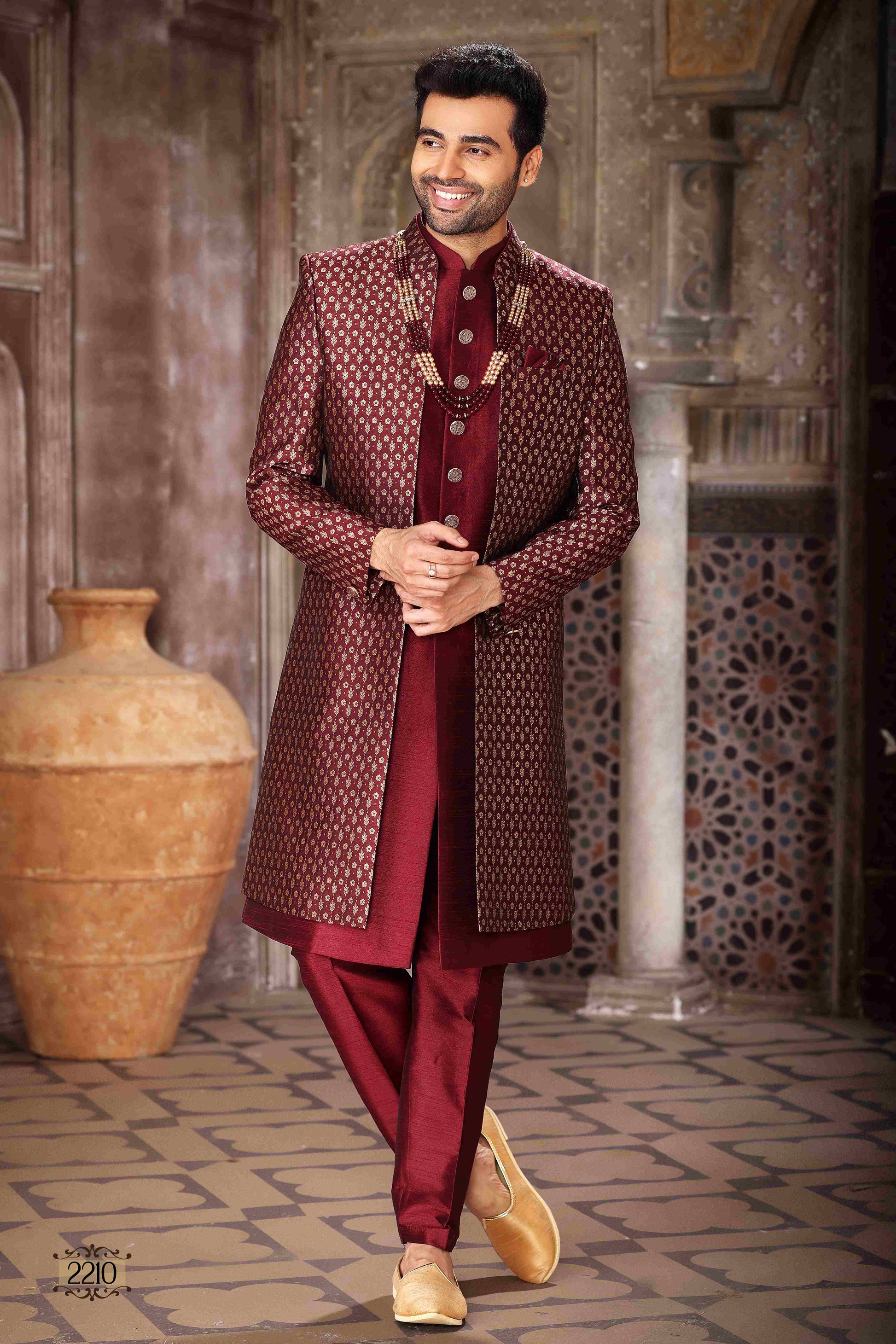 Raivat Ethnic Banarasi Jacquard and Art Silk Embroidery Work 3 Pcs Indo Jacket Set In Wine Colour | Swadesiicart