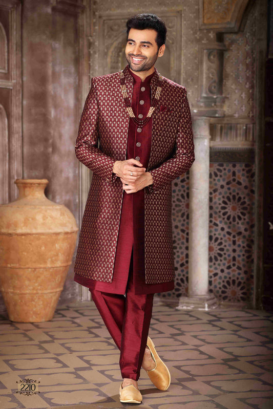 Raivat Ethnic Banarasi Jacquard and Art Silk Embroidery Work 3 Pcs Indo Jacket Set In Wine Colour | Swadesiicart