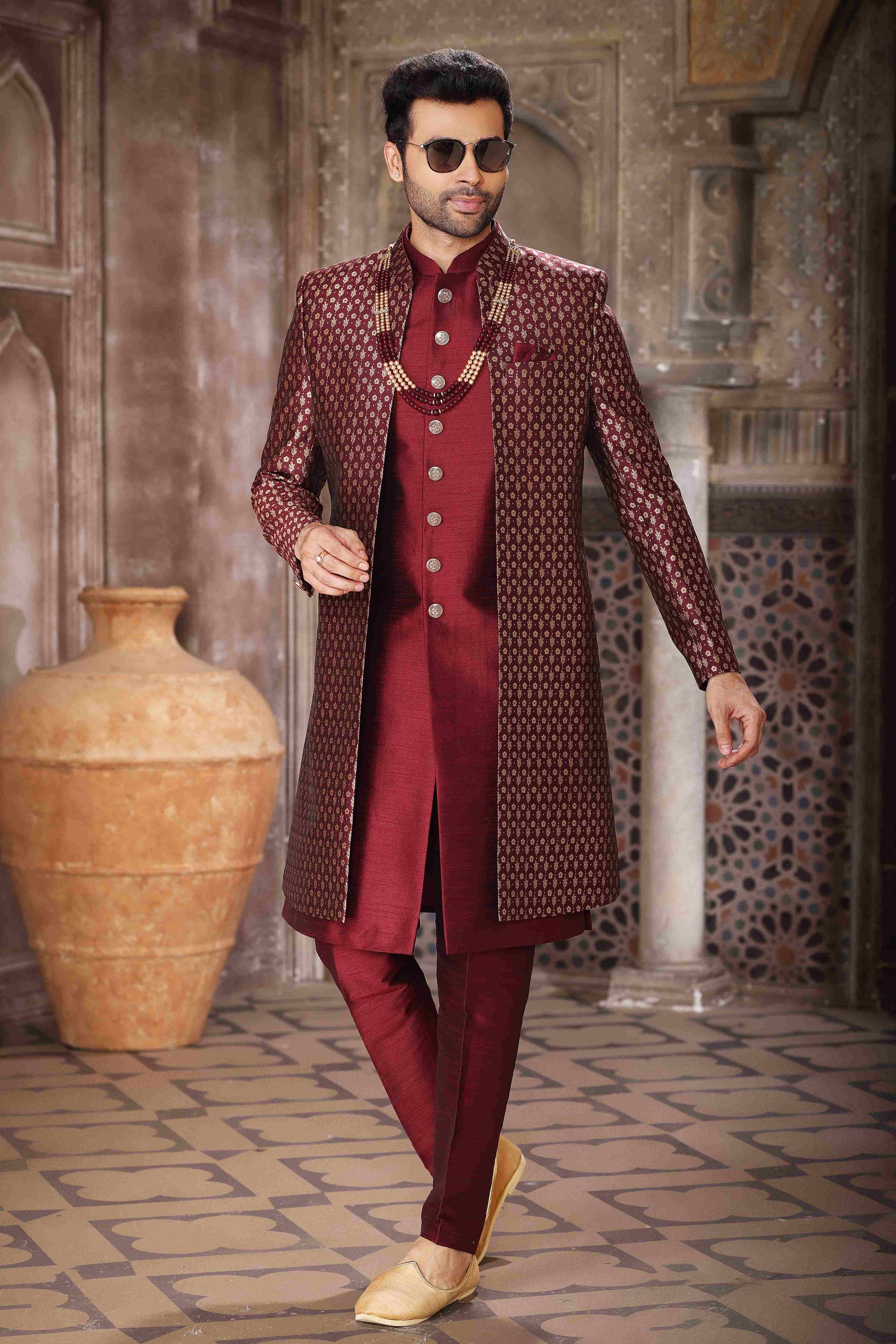 Raivat Ethnic Banarasi Jacquard and Art Silk Embroidery Work 3 Pcs Indo Jacket Set In Wine Colour | Swadesiicart