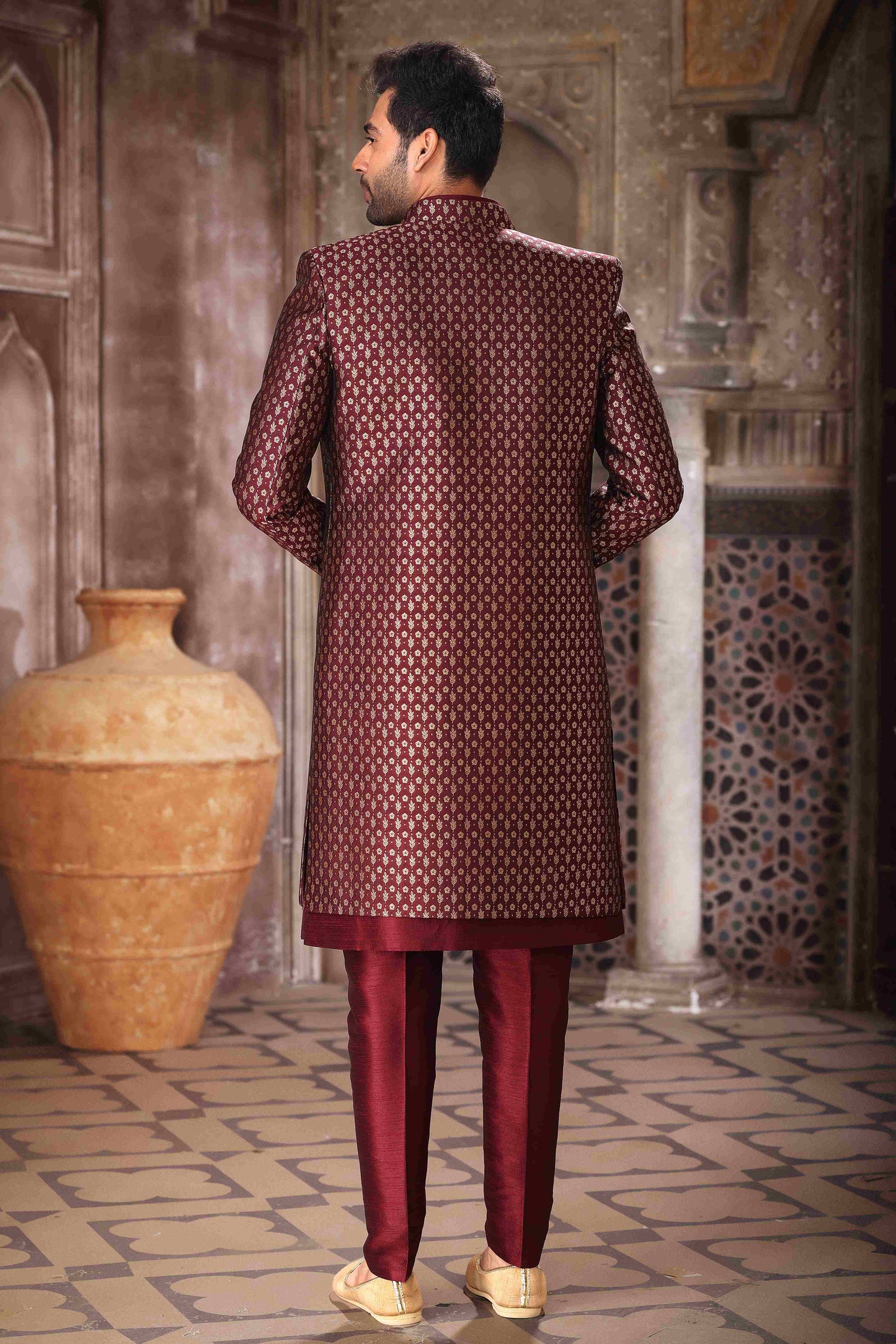 Raivat Ethnic Banarasi Jacquard and Art Silk Embroidery Work 3 Pcs Indo Jacket Set In Wine Colour | Swadesiicart