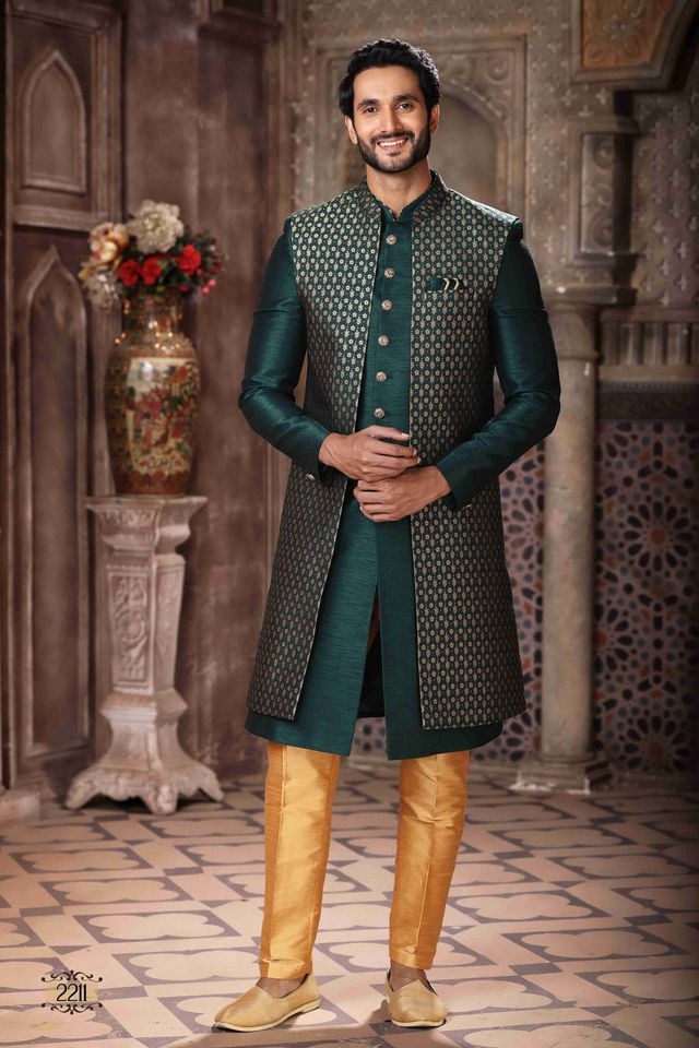 Raivat Ethnic Banarasi Jacquard and Art Silk Embroidery Work 3 Pcs Indo Jacket Set In Green Colour | Swadesiicart