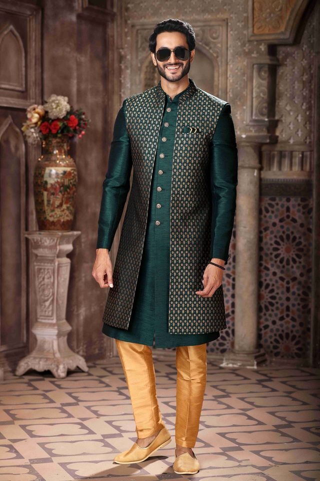 Raivat Ethnic Banarasi Jacquard and Art Silk Embroidery Work 3 Pcs Indo Jacket Set In Green Colour | Swadesiicart