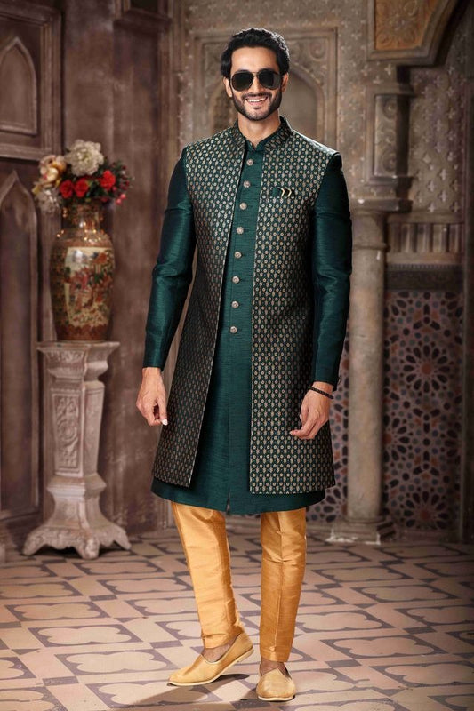 Raivat Ethnic Banarasi Jacquard and Art Silk Embroidery Work 3 Pcs Indo Jacket Set In Green Colour | Swadesiicart