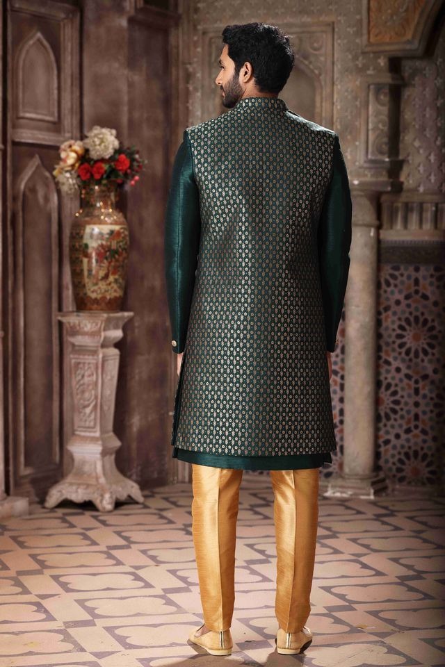 Raivat Ethnic Banarasi Jacquard and Art Silk Embroidery Work 3 Pcs Indo Jacket Set In Green Colour | Swadesiicart