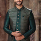 Raivat Ethnic Banarasi Jacquard and Art Silk Embroidery Work 3 Pcs Indo Jacket Set In Green Colour | Swadesiicart