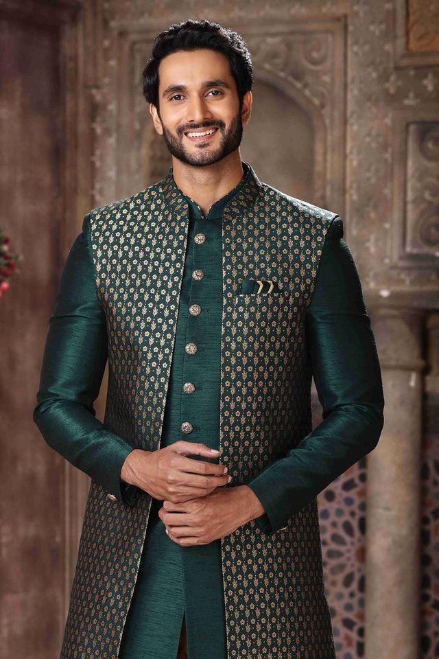 Raivat Ethnic Banarasi Jacquard and Art Silk Embroidery Work 3 Pcs Indo Jacket Set In Green Colour | Swadesiicart