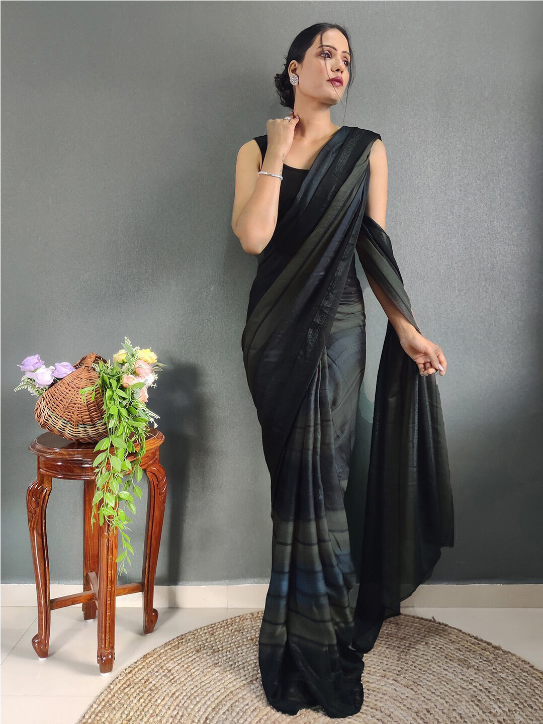 Mitera Striped Zari Poly Georgette Ready to Wear Saree | Swadesiicart