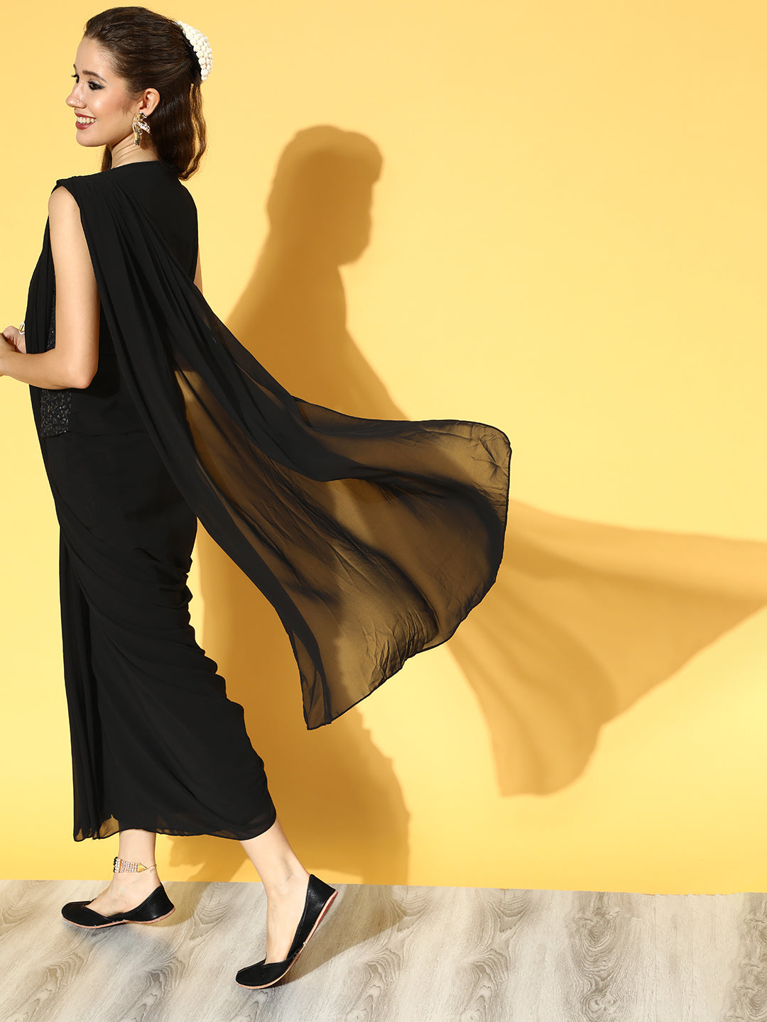 Juniper Women Black Georgette Embellished Saree Style Dress | Swadesiicart