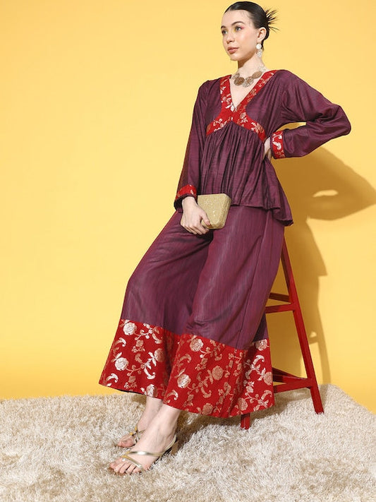InWeave Women's Wine Red Brocade Mughal Shaan Kurta Palazzo Set - Swadesiicart