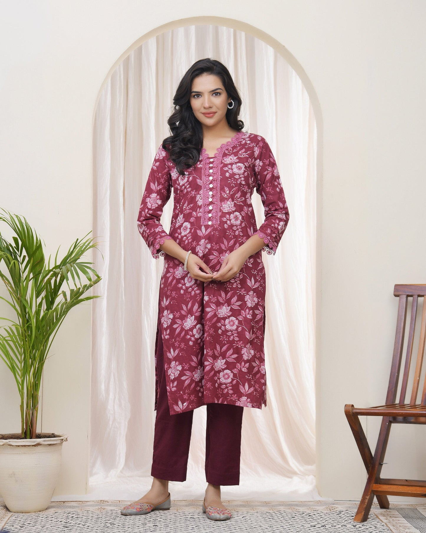 Vaasva Women Magenta Cotton Printed Straight Kurti - Swadesiicart