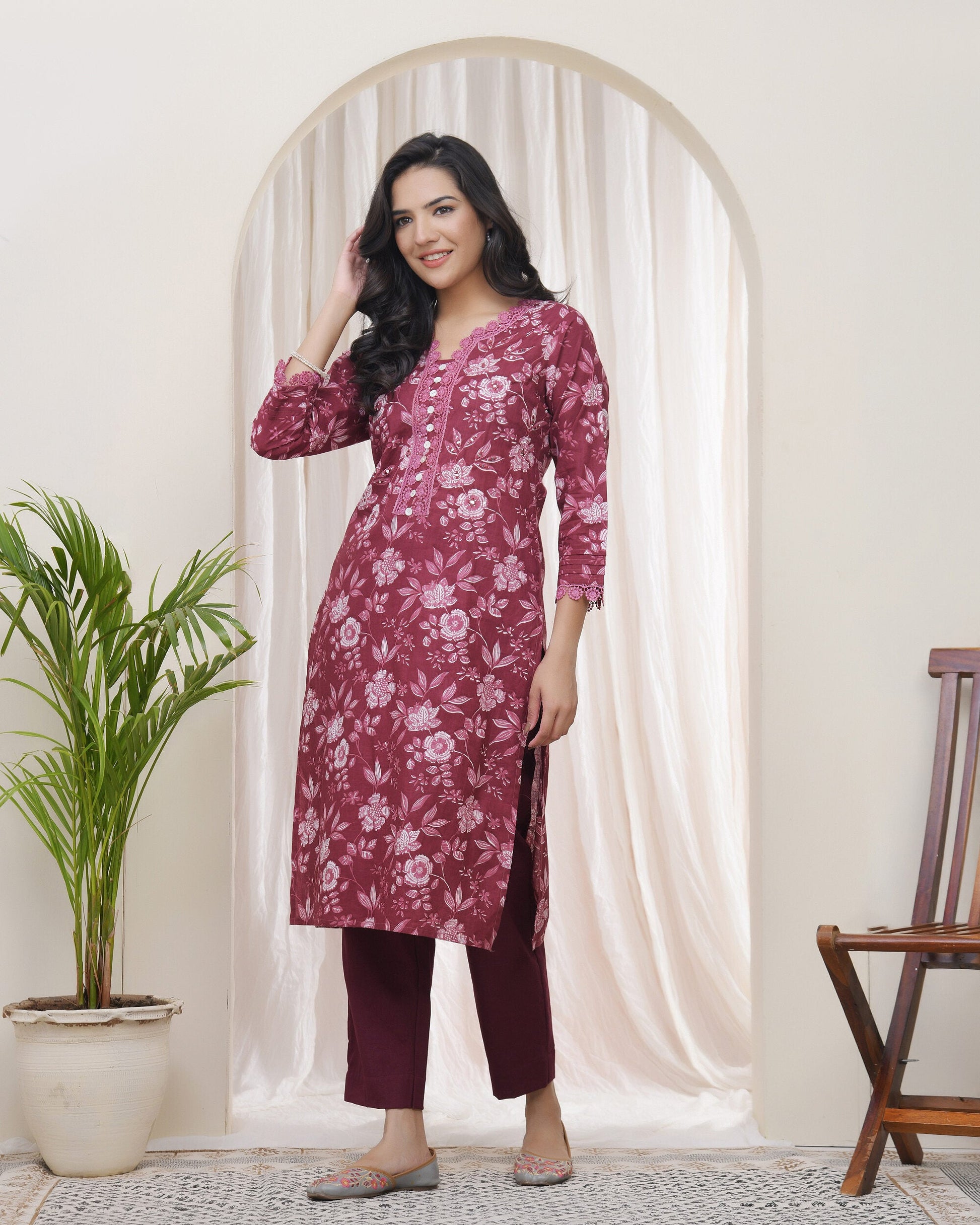 Vaasva Women Magenta Cotton Printed Straight Kurti - Swadesiicart