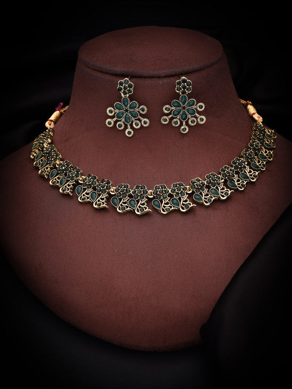 Tehzeeb Creations Luxurious Gold Polished Green Colour Diamond Choker Necklace Set With Matching Earrings - Swadesiicart
