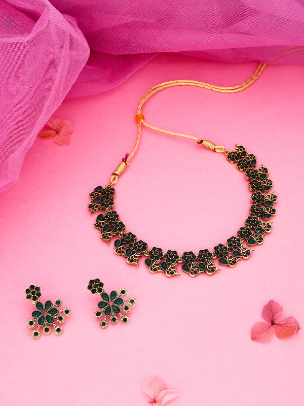 Tehzeeb Creations Luxurious Gold Polished Green Colour Diamond Choker Necklace Set With Matching Earrings - Swadesiicart