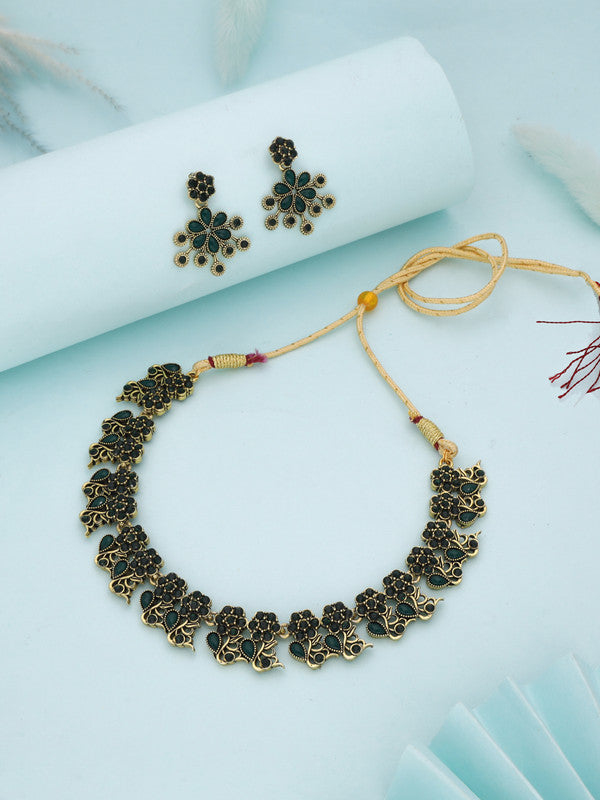 Tehzeeb Creations Luxurious Gold Polished Green Colour Diamond Choker Necklace Set With Matching Earrings - Swadesiicart