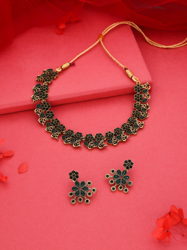 Tehzeeb Creations Luxurious Gold Polished Green Colour Diamond Choker Necklace Set With Matching Earrings - Swadesiicart