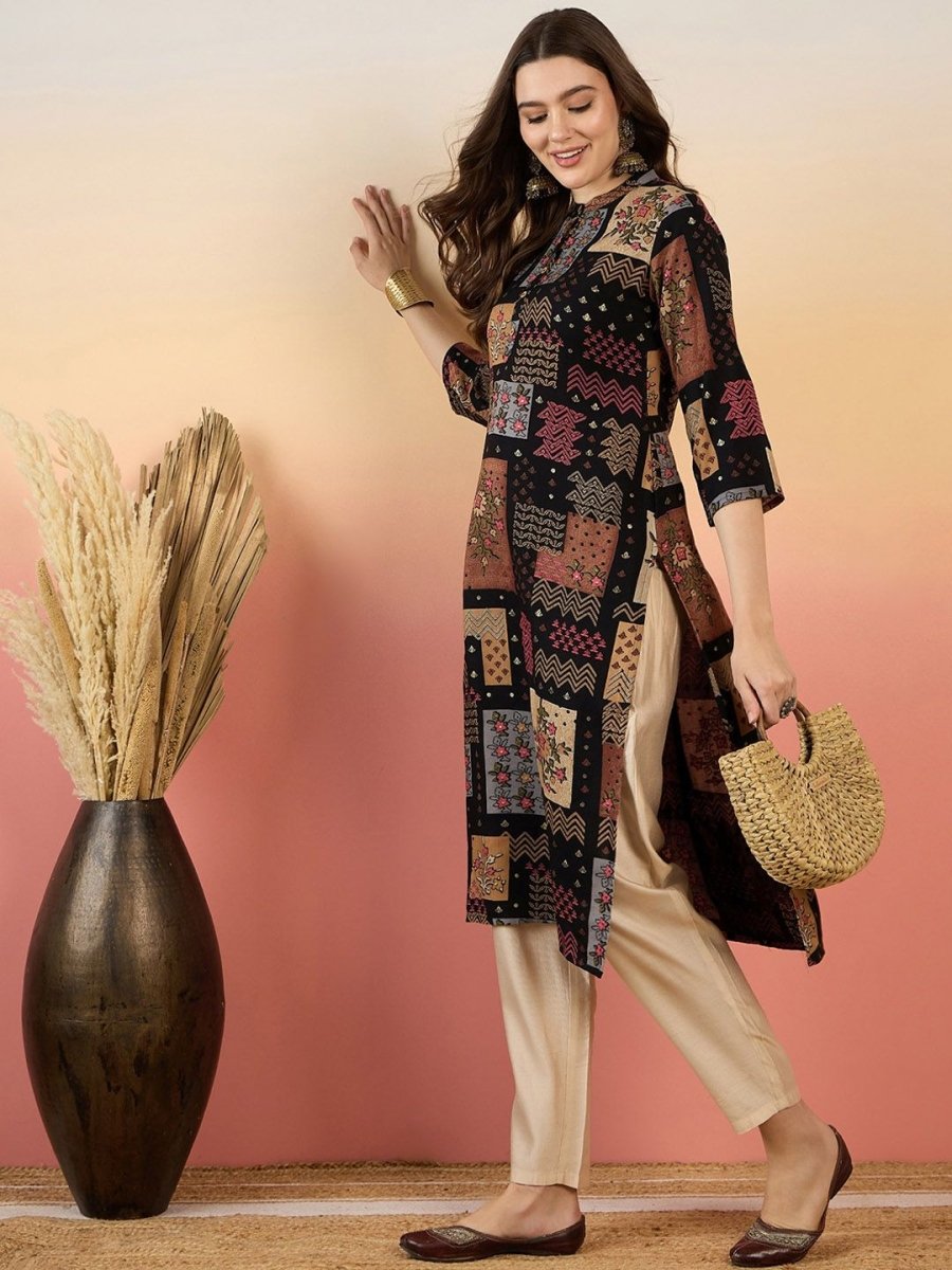 Anouk Ethnic Motifs Printed Beads And Stones Mandarin Collar A-Line Kurta - Swadesiicart