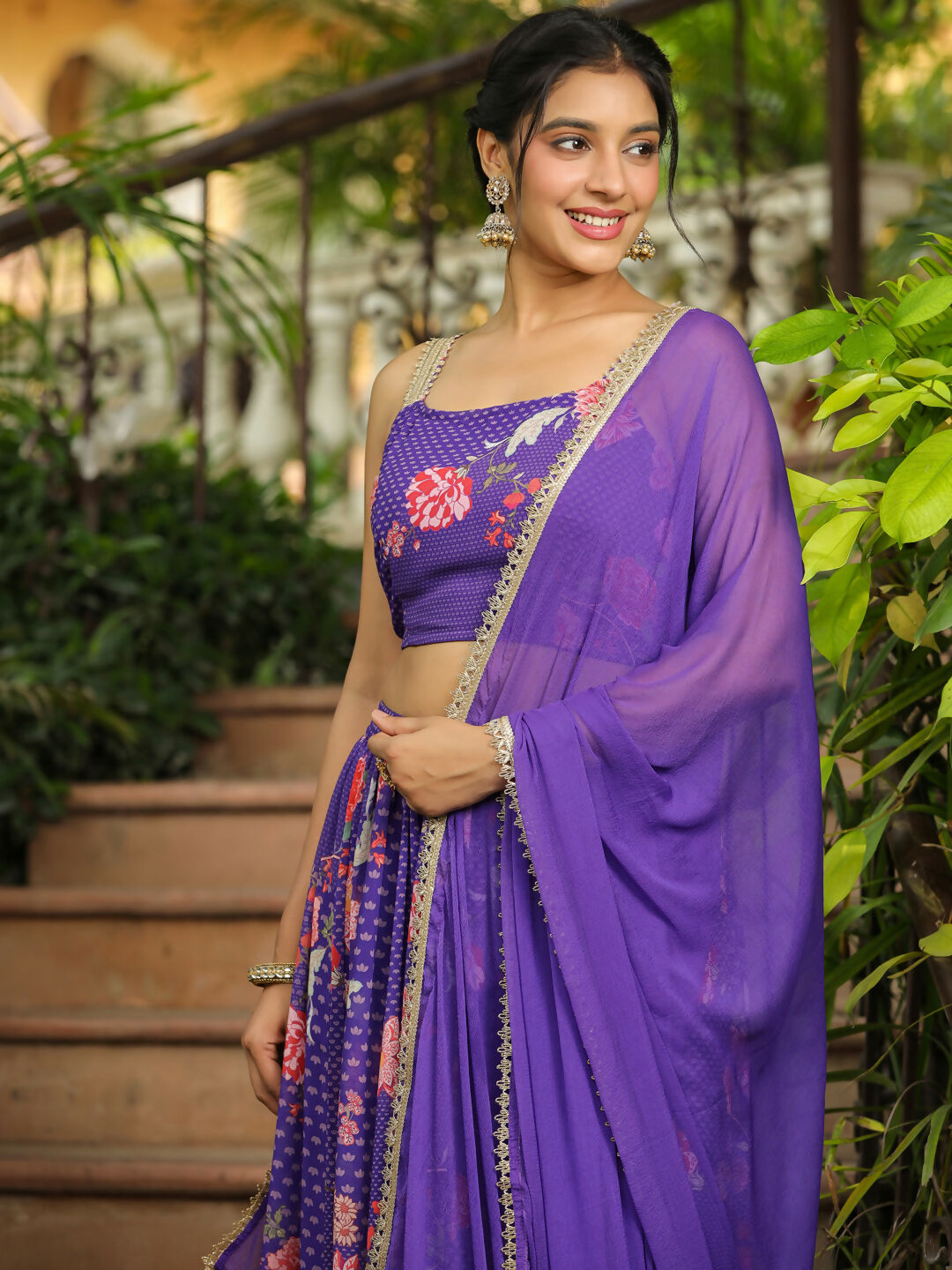 Janasya Purple Georgette Floral Lehenga Choli Dupatta | Swadesiicart